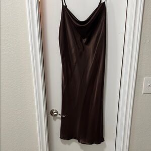 bebe Brown Midi Dress with Spaghetti Straps and Cowl Neckline